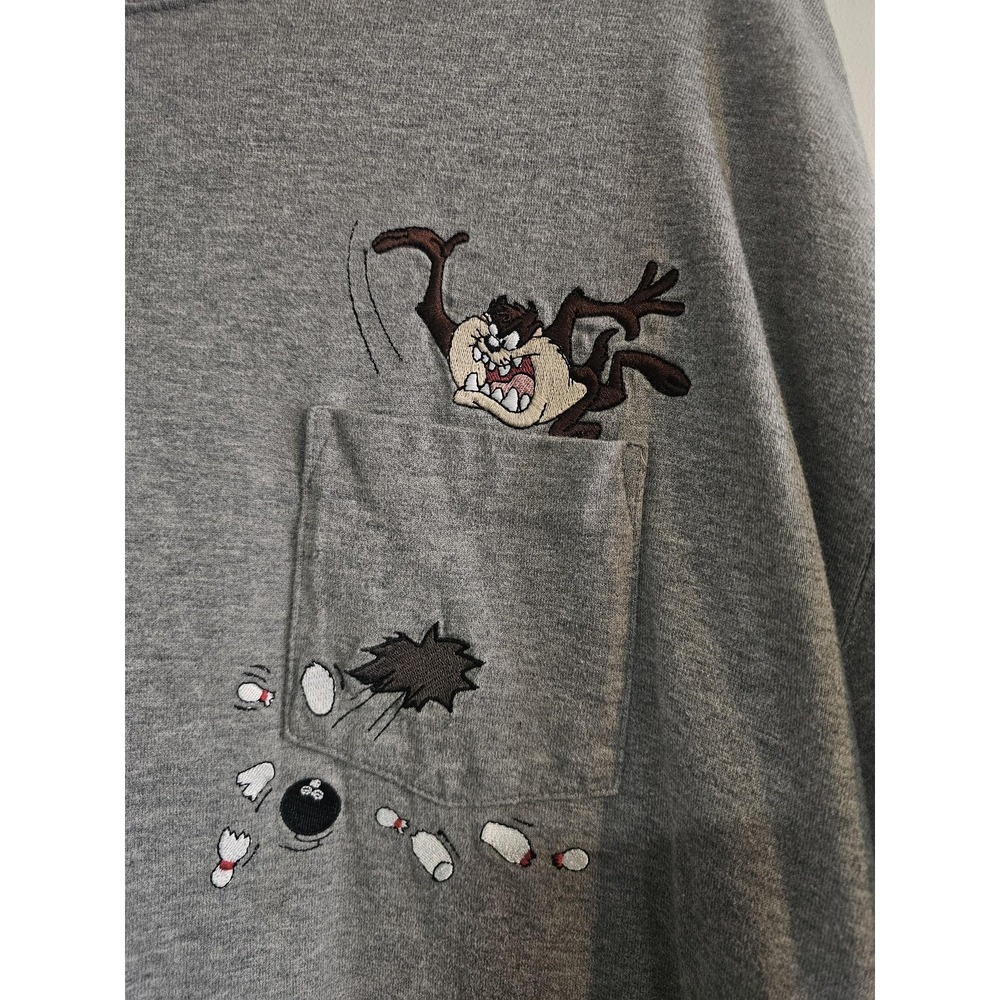 Vintage Looney Tunes Taz Shirt Mens Large Gray Pocket Bowling WB T-Shirt 90s‎ - Picture 2 of 8